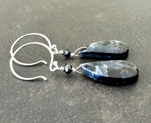 Pietersite Statement Earrings, Natural Blue Stone, Sterling Silver, Gift for Her