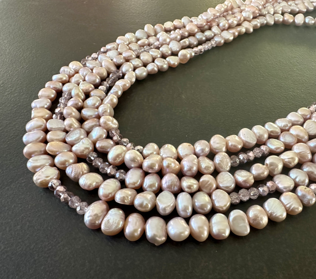 Mauve Pearl Necklace, Multi Strand Statement Necklace, Sterling Silver