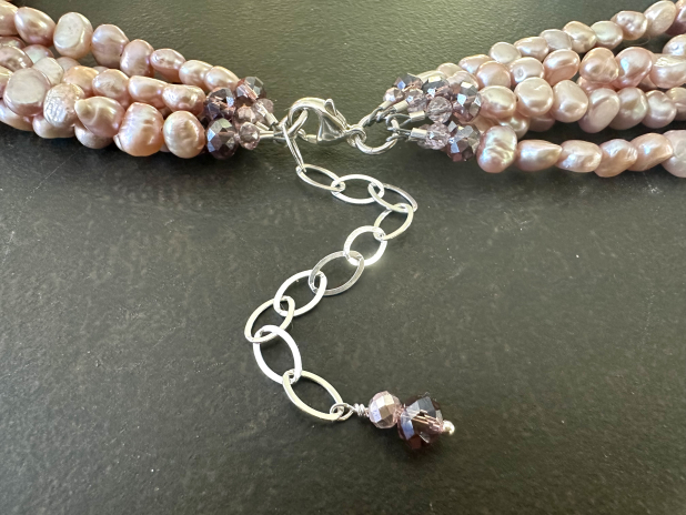 Adjustable Pearl Necklace, Lavender Freshwater Pearls, Metallic Crystals,