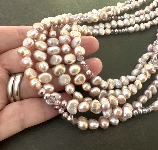 Pearl and Crystal Necklace, Lavender Beaded Necklace, Sterling Silver, Adjustabl