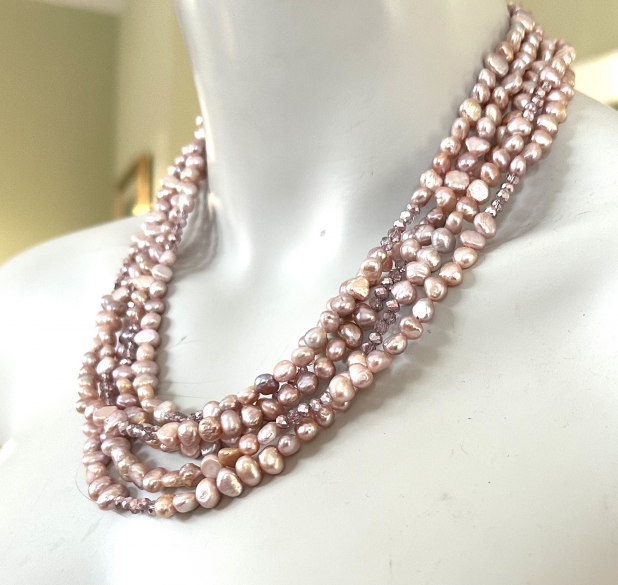 Freshwater Pearl Statement Necklace, Lavender Pearl Multi Strand, Sterling