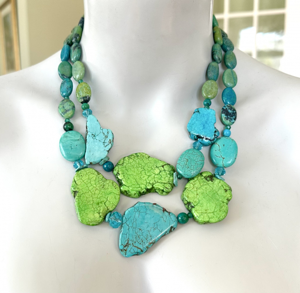 Turquoise Statement Necklace, Chunky Double Strand,