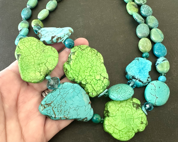 Turquoise Statement Necklace, Chunky Double Strand,