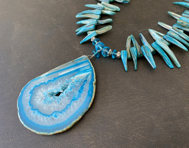 Aqua Statement Necklace, Druze Slice, Shell Spikes, Tribal Necklace