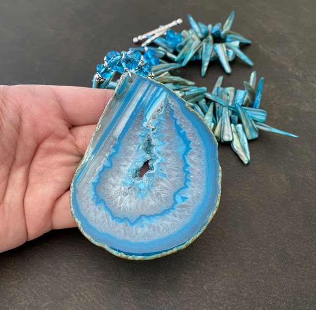 Boho Statement Necklace, Agate Druzy Slice Pendant, Shell Spikes, Prairie Ice Je