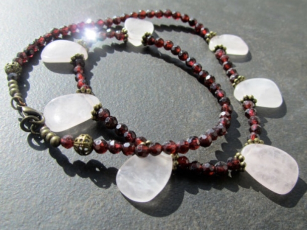 Gemstone Statement Necklace, Rose Quartz, Red Garnet, Vintage Style, Sale
