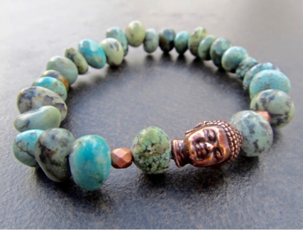 Men's Turquoise Buddha Bracelet, African Turquoise, Stretch Bracelet, Copper