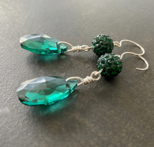 Green Earrings, Pave Crystal Earrings, Sterling Silver Dangle