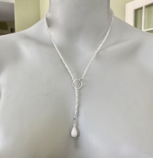 White Jade Lariat Necklace, Natural Stone, Herkimer Diamonds, Sterling Silver
