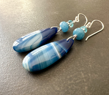 Blue Stone Earrings, Aquamarine, Agate, Sterling Silver