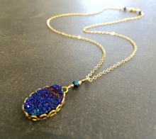 Titanium Druzy Necklace, Blue Druzy, Gold Filled Chain, Gift for Her