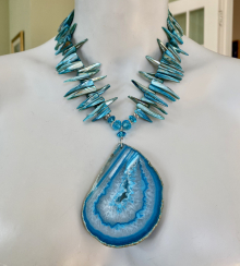 Aqua Statement Necklace, Druze Slice, Shell Spikes, Tribal Necklace